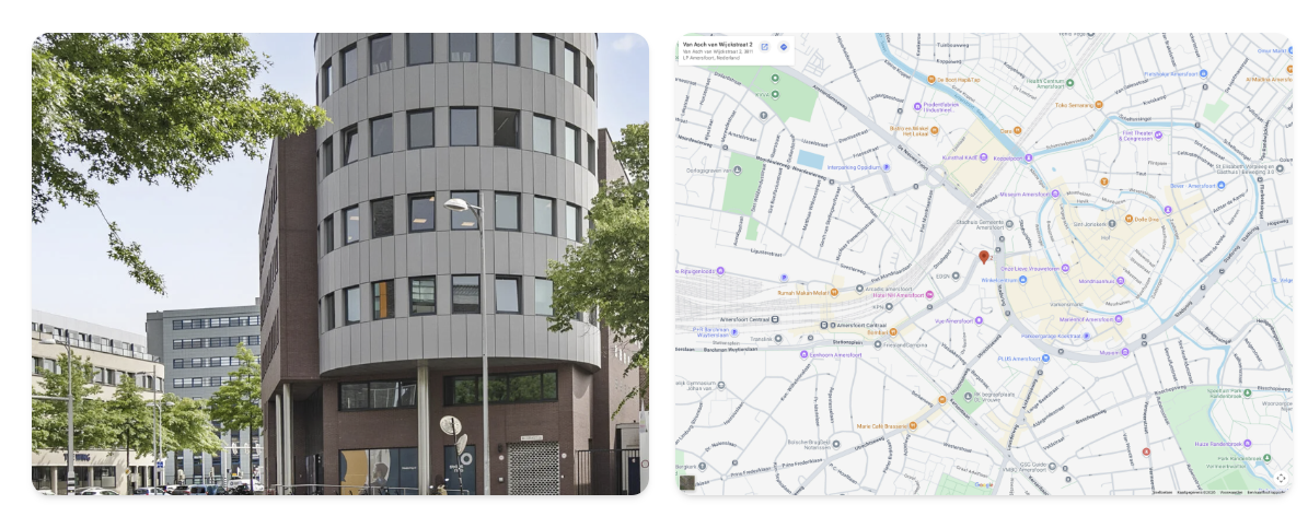 Amaii kantoor aan de Asch van Wijckstraat in Amersfoort, met kaart van de locatie.