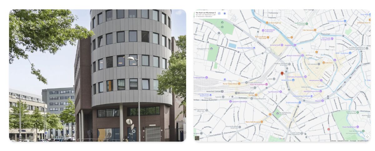 The Amaii® office at Asch van Wijckstraat in Amersfoort, with a map of the location.